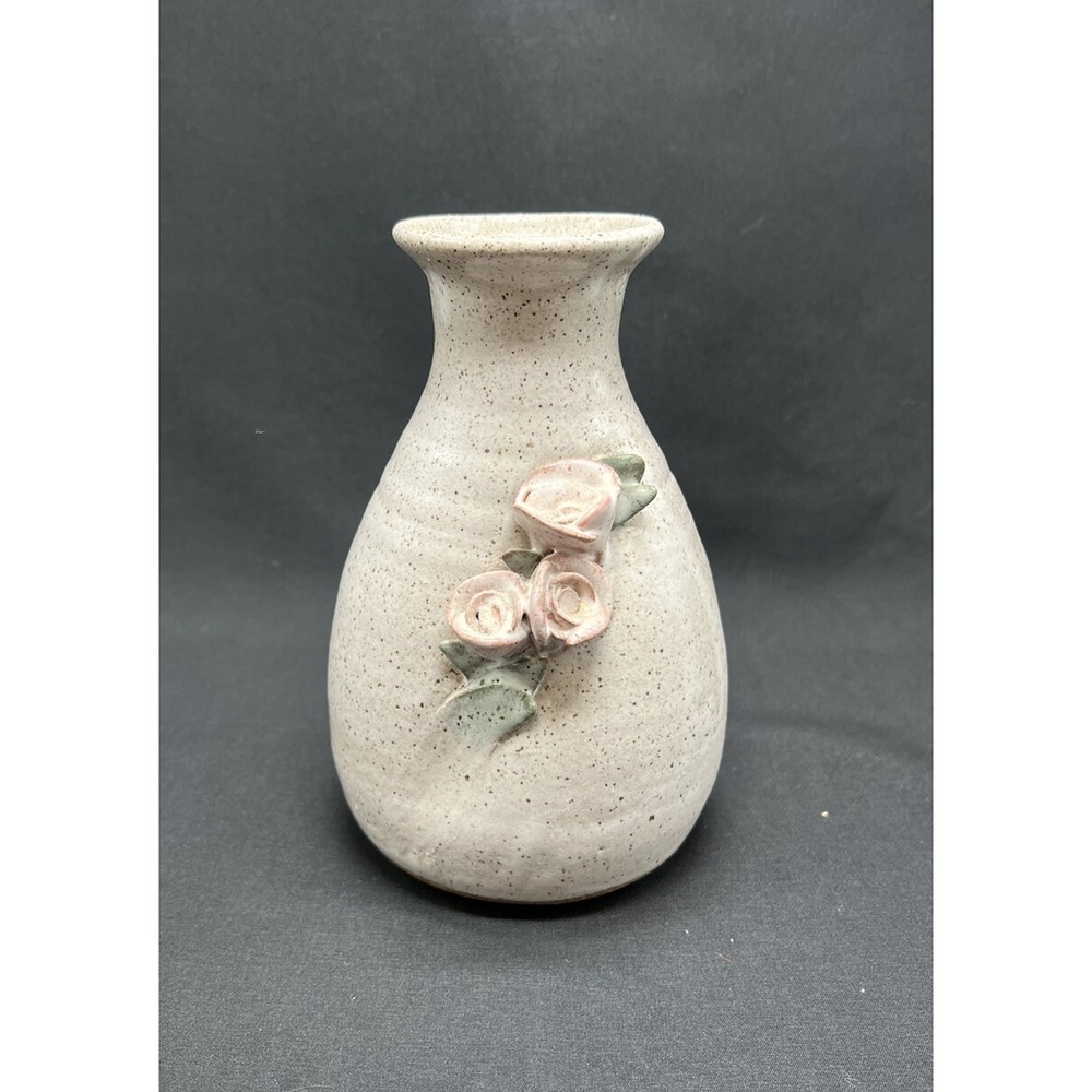 Pottery Rowe Studio Stoneware Bud Vase Speckled Cream Pink Floral 3D Rose 6.25"